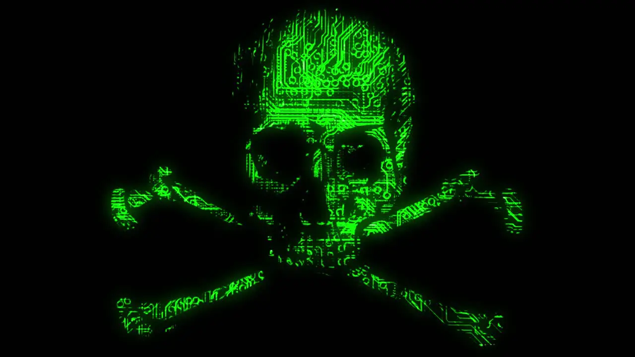 Alarming animated cyber hacking skull and cross bones symbol with animated circuit board texture in green color scheme on a black background