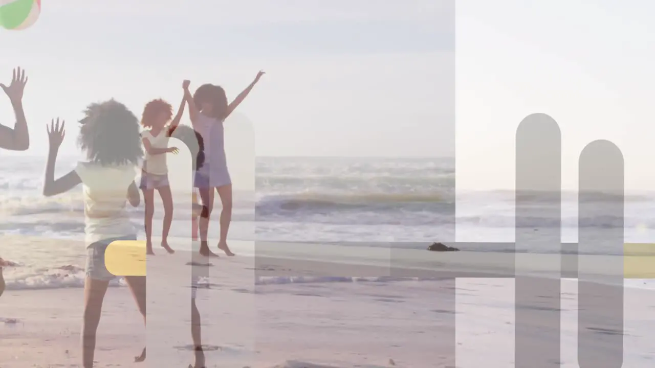 Animation of shapes over african american family at beach