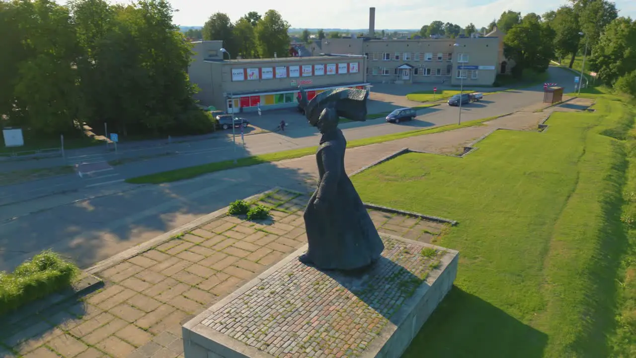 Drone orbit around famous eye catching Latvian Riflemen monument in Daugavpils