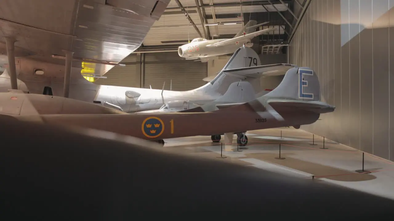 Aircrafts Displayed Inside Swedish Air Force Museum In Linkoping Sweden medium shot