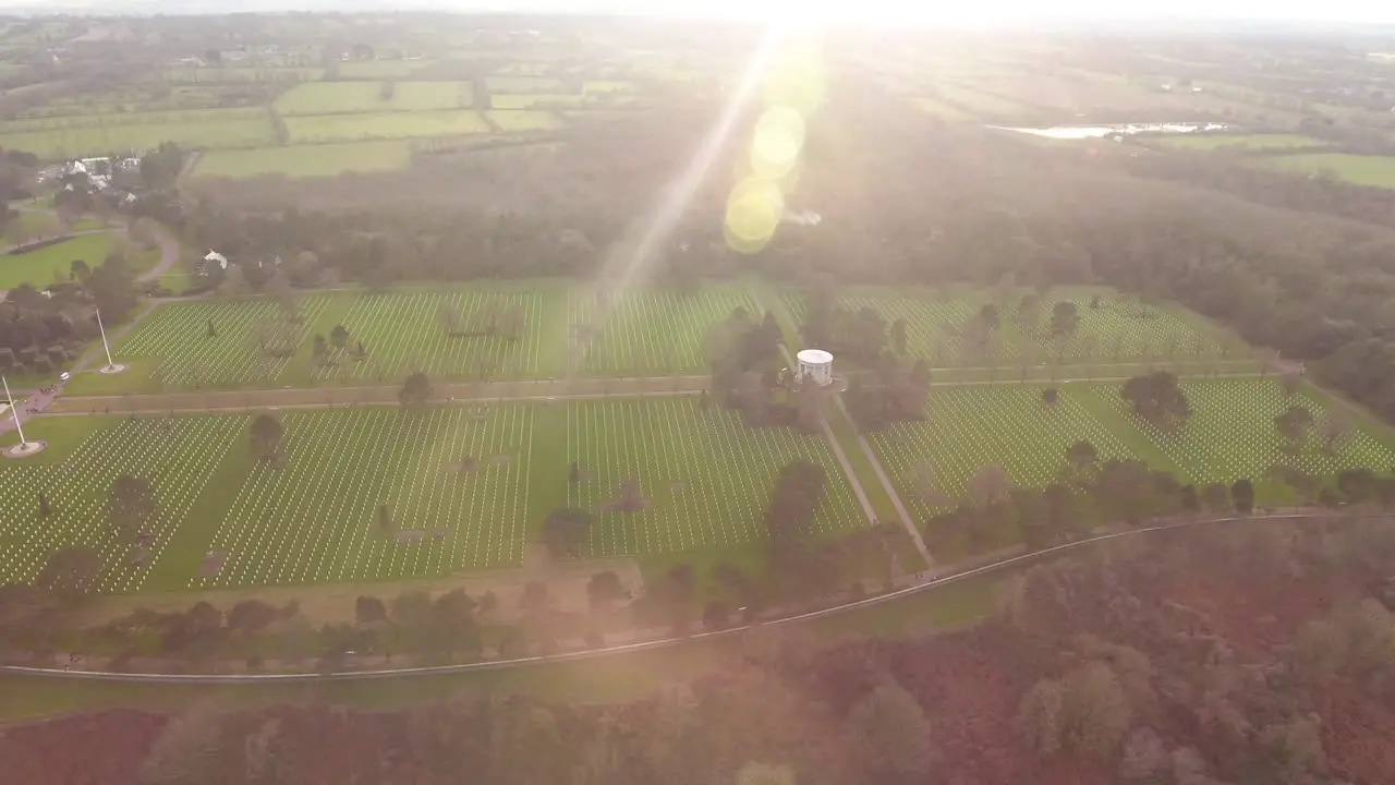 Drone aerial sunset view of Normandy American Cemetery and Memorial