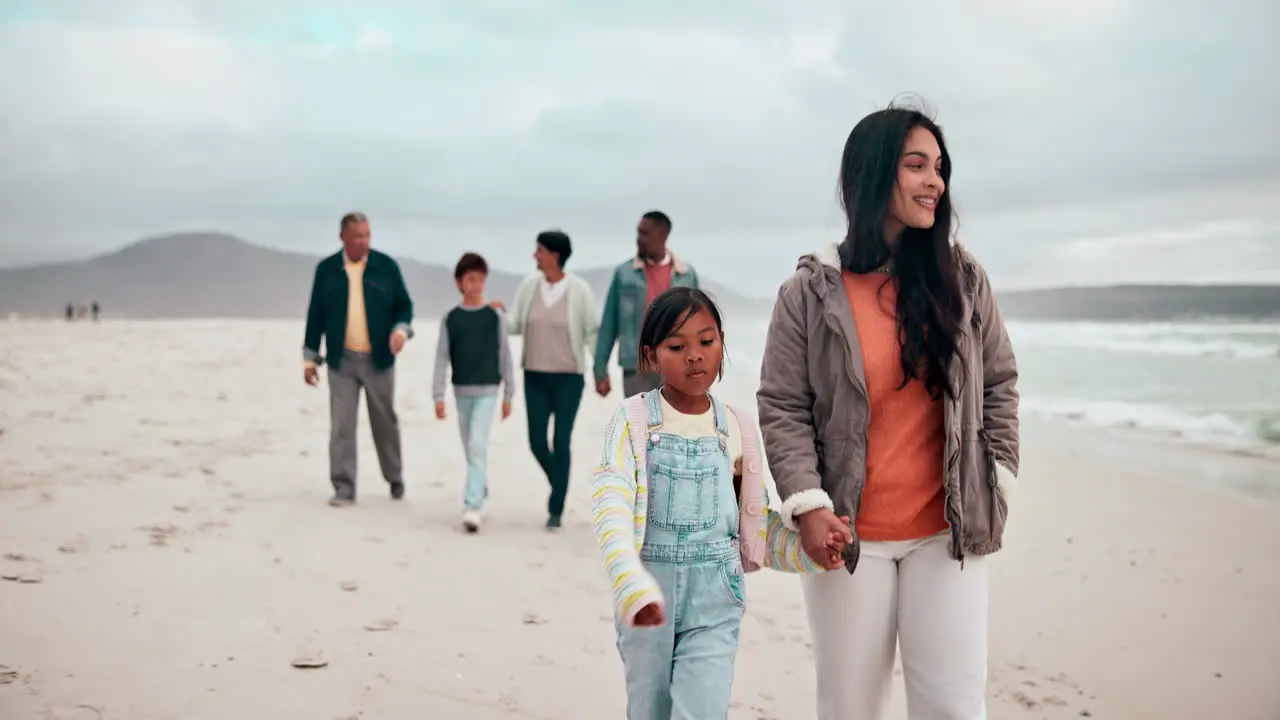 Mother child and holding hands on beach big