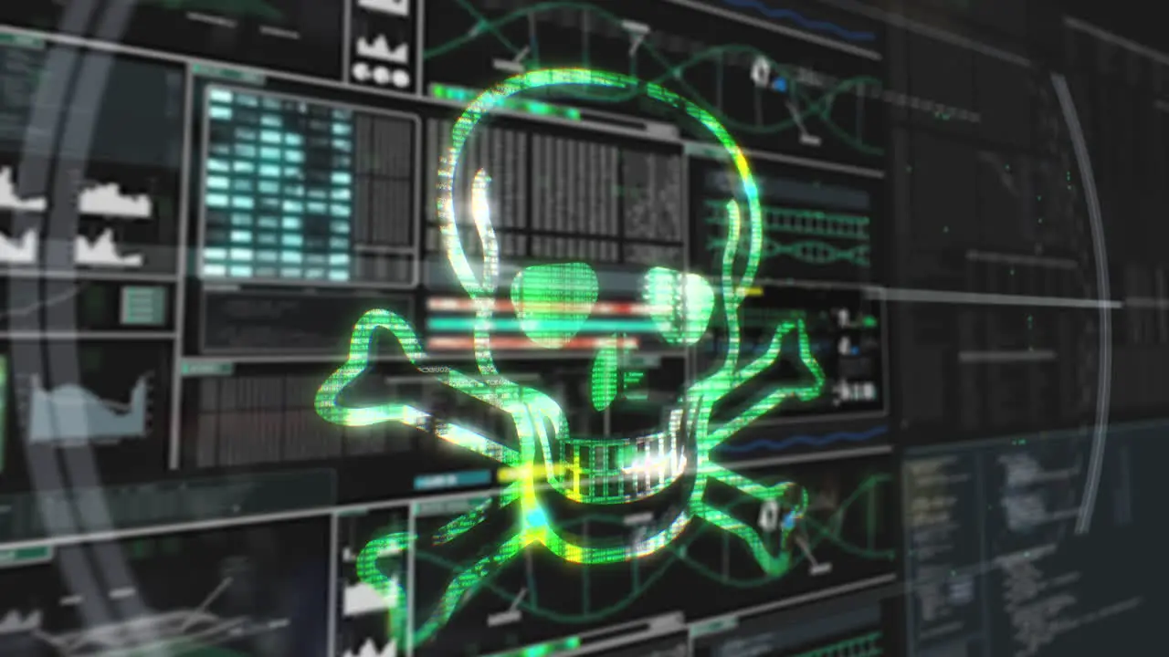 Hacker computer screen glitch green danger symbol skull virus background loop monitor security alarm firewall