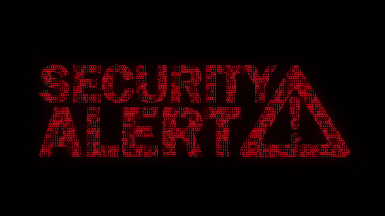 Classic animated Security Alert message with Warning Sign with animated binary code texture in red color scheme on a black background