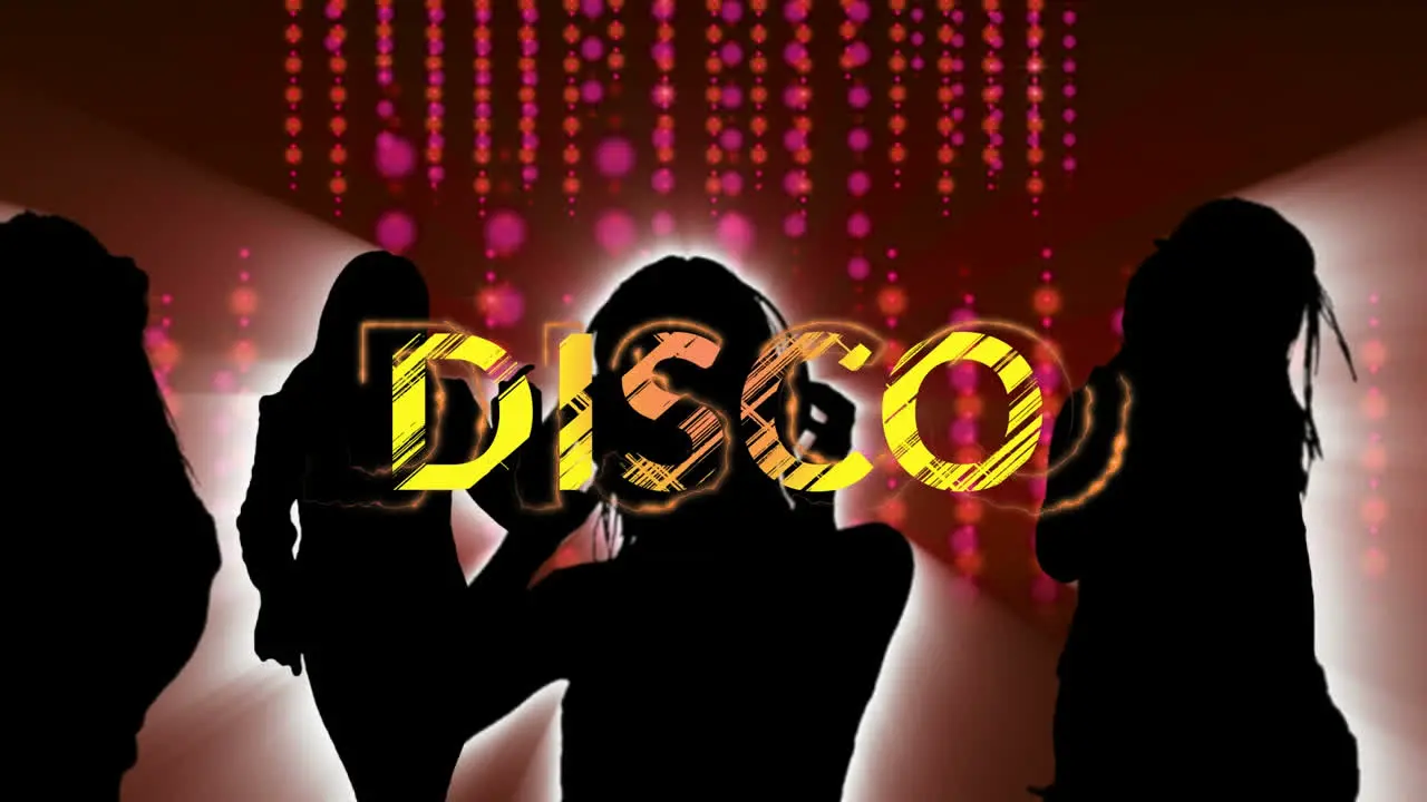 Animation of disco text over silhouettes of dancing people