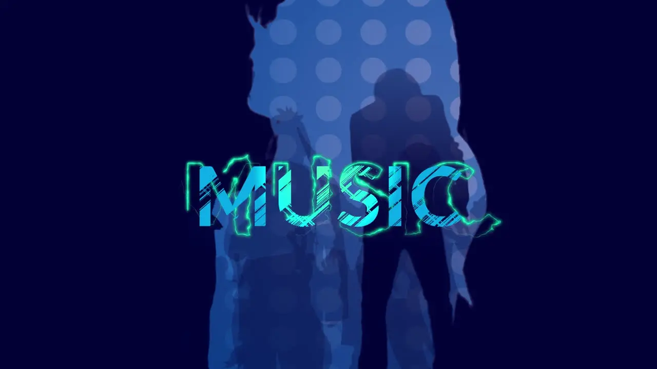 Animation of music text over silhouettes of dancing peoples