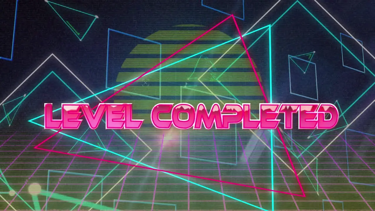 Animation of level completed text banne and neon triangular and square shapes over grid network