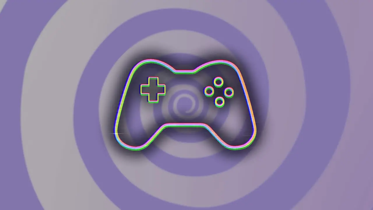 Animation of glitch effect over video game controller icon against blue radial background