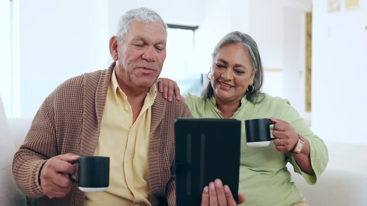 Senior couple and coffee for tablet video call