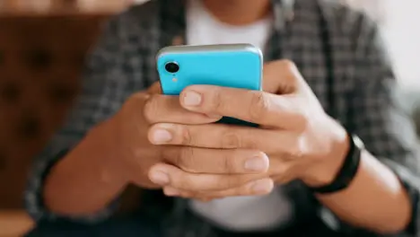 Hands phone and man texting and relax