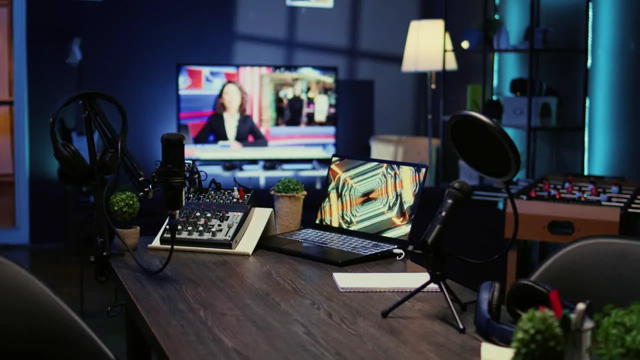 Live broadcasting space in dimly lit apartment