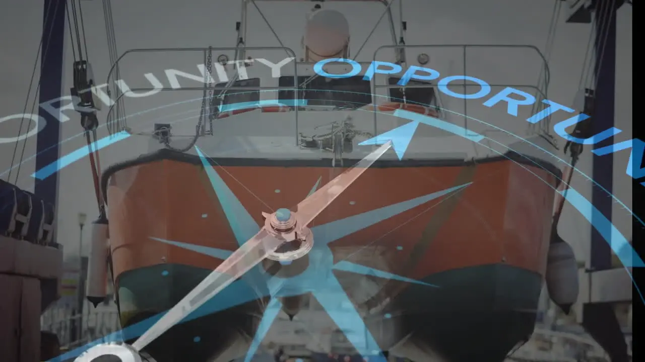 Animation of compass with arrow pointing to opportunity text over boat in dock