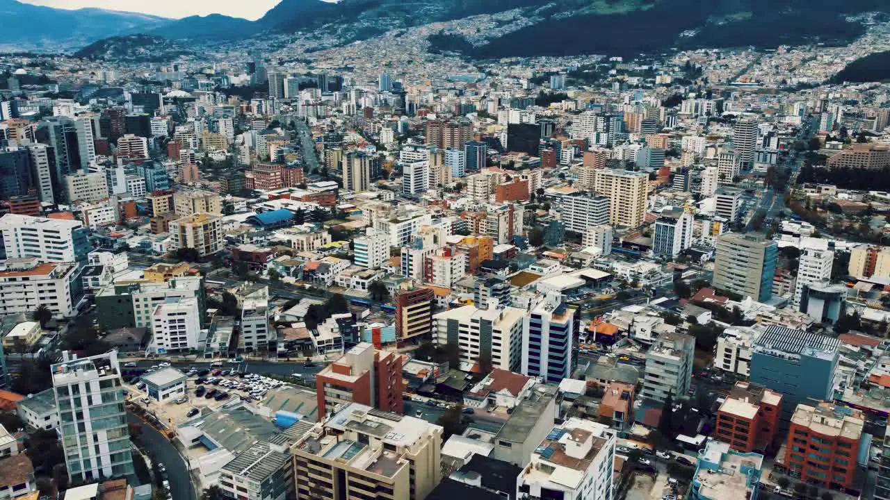 Drone pan shot from the air over the city center of Quito Ecuador