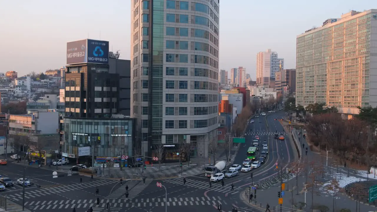 Seoul city in South Korea with skyscrapers and busy roads with traffic