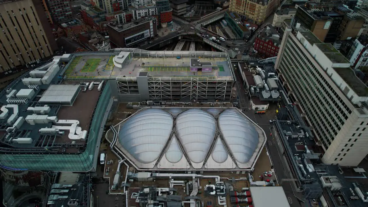 Aerial view over the new roof tops of New Street Station Birmingham City Centre England