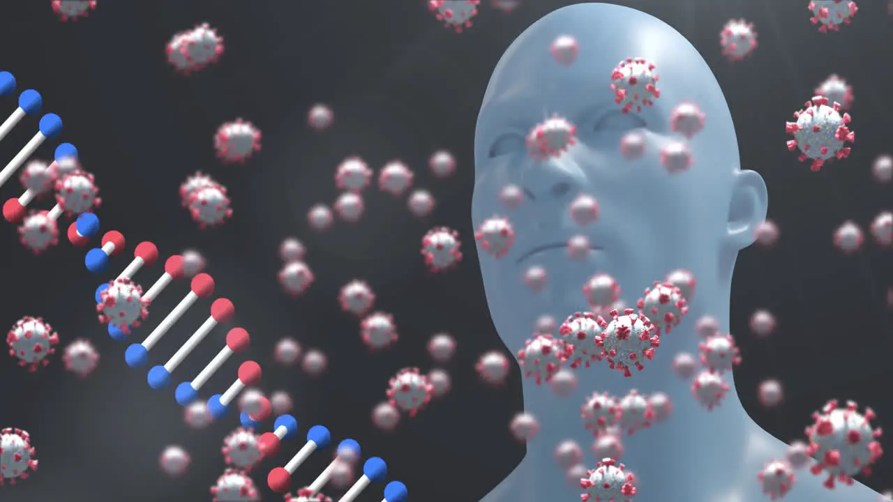 Animation of covid 19 cells human bust and dna strand spinning