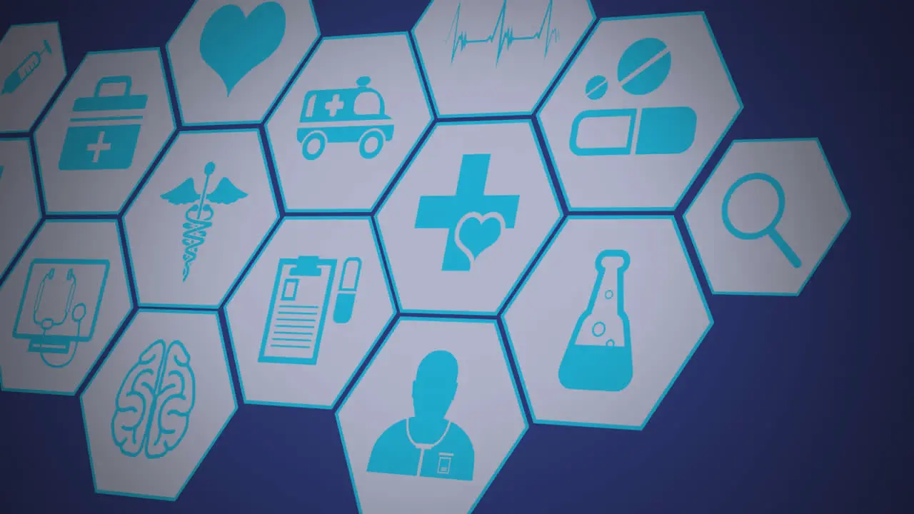 Animation of multiple medical icons floating against blue background