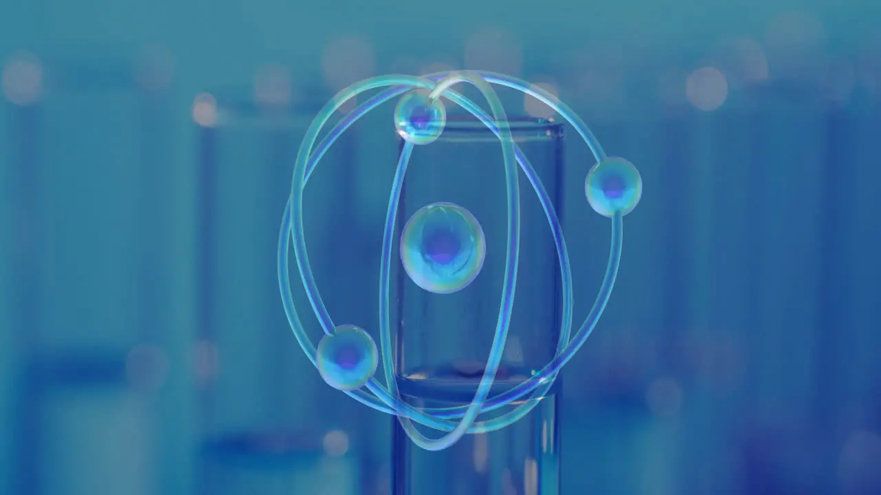 Animation of atoms over laboratory dishes on blue background