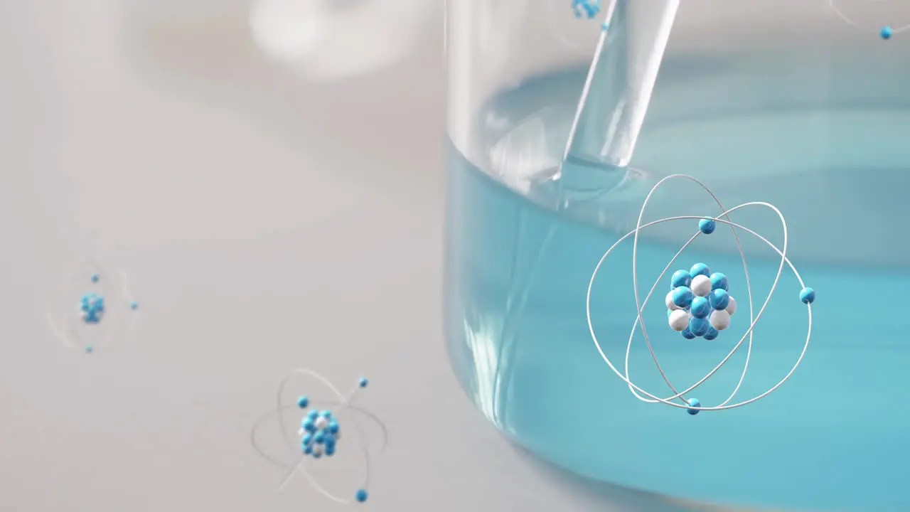 Animation of atoms over laboratory dishes on grey background