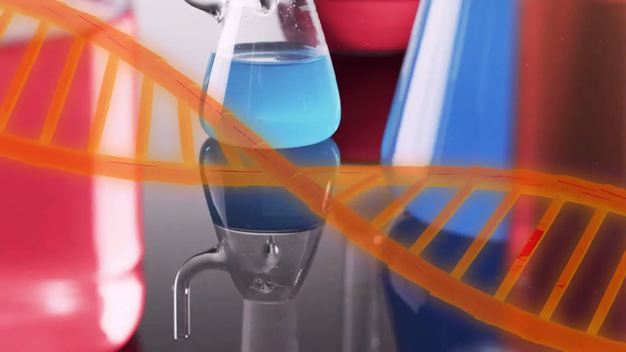 Animation of dna strand over laboratory dishes on grey background