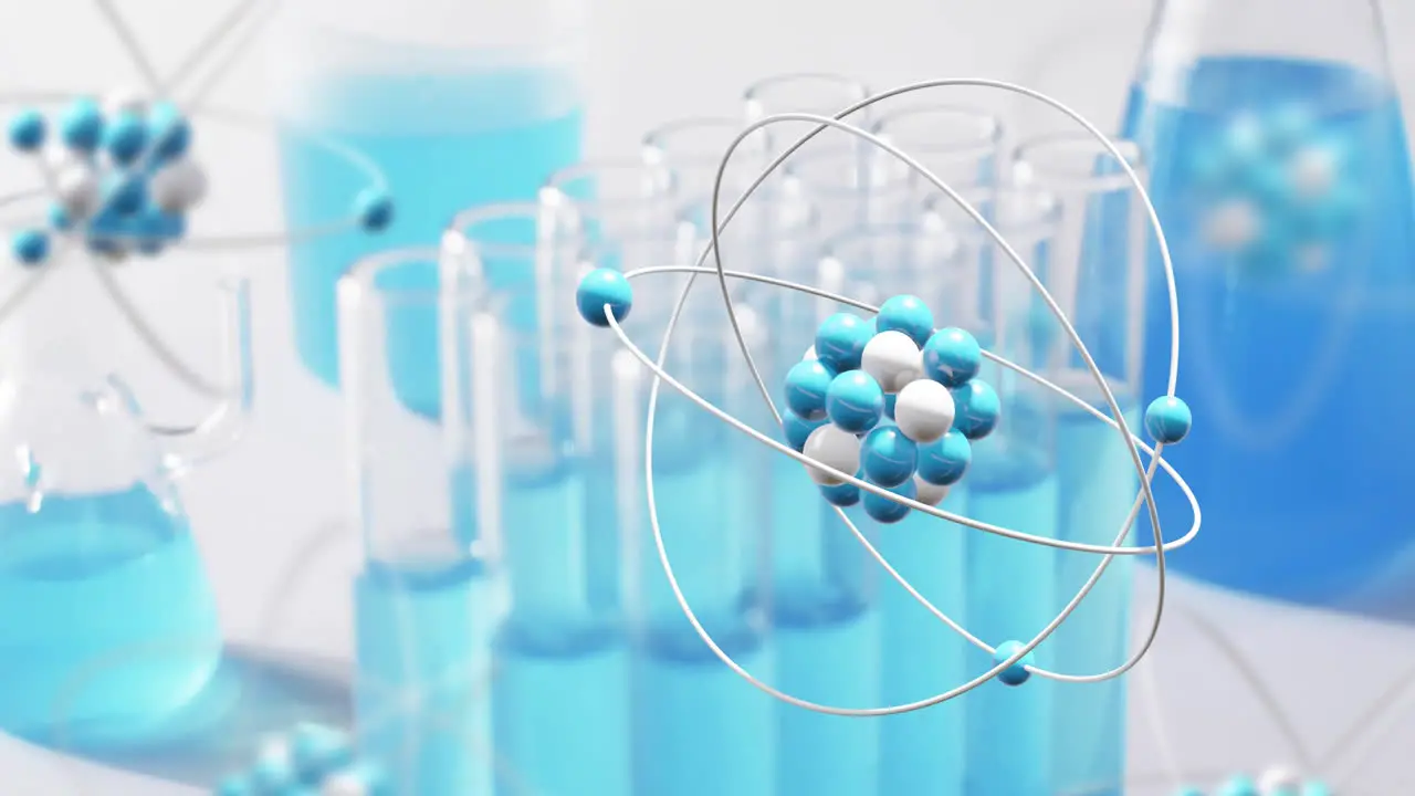 Animation of atom over laboratory dishes on white background