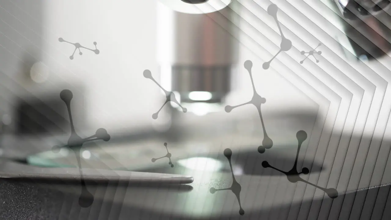 Animation of molecules over laboratory microscope on white background