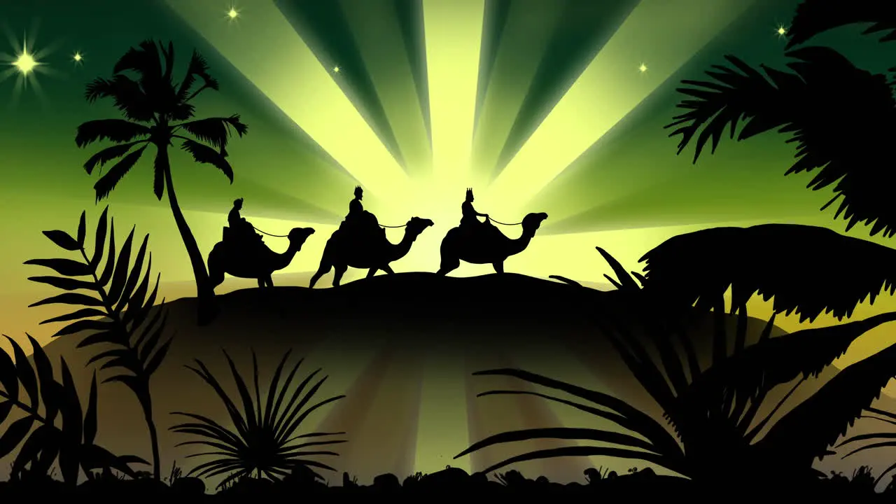 Animation of silhouette of three wise men over green shooting star on green background