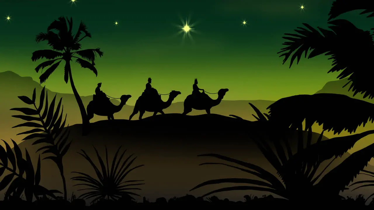 Animation of silhouette of three wise men over green background