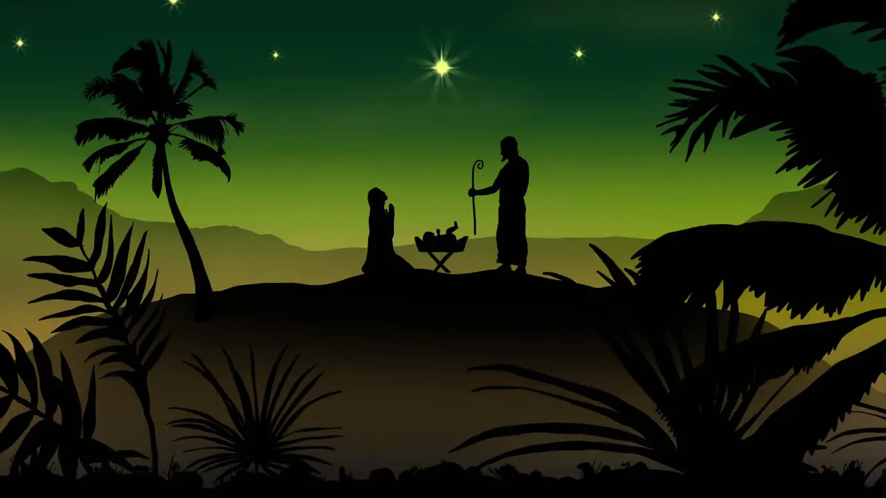 Animation of silhouette of nativity scene over green background