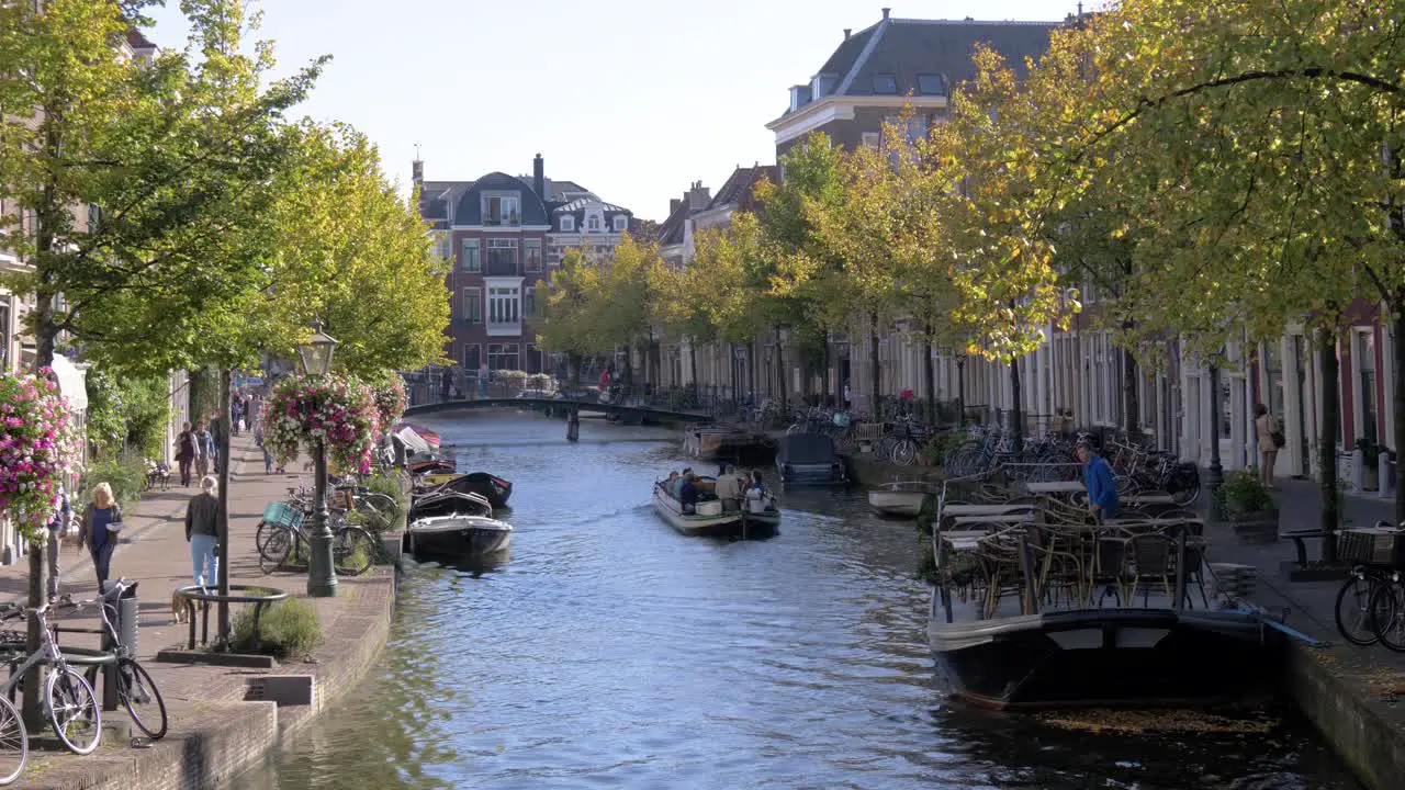 Oude Rijn Canal in Leiden Netherlands on a saturday morning