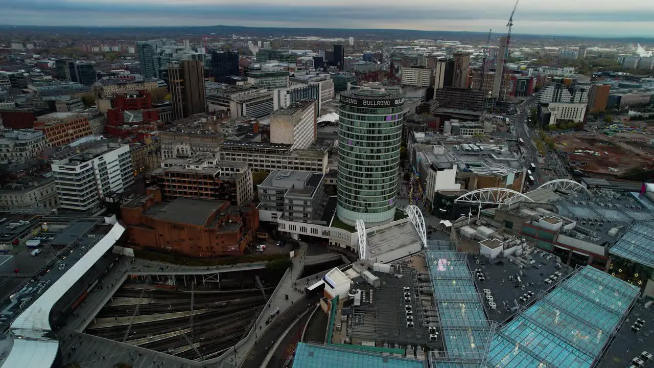 Right to left aerial panning view of Birmingham CIty Centre and the famous Bull Ring landmarks