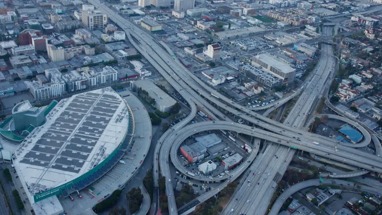 Aerial landscape downtown Los Angeles in the morning view on a helicopter crossing the freeway and Los Angeles convention center