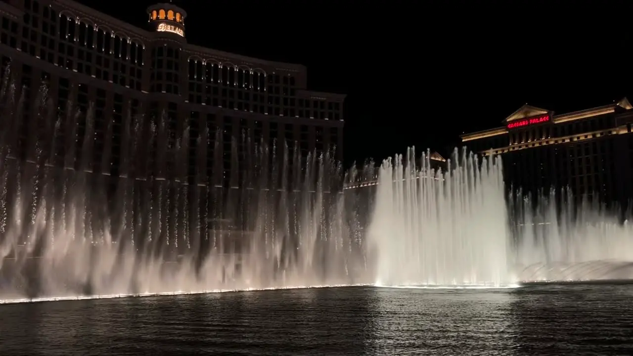 Night city Bellagio fountain view in Vegas with luxury hotels and buildings in the background