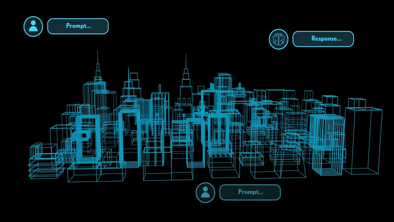 Animation of ai text and data processing over city on black background