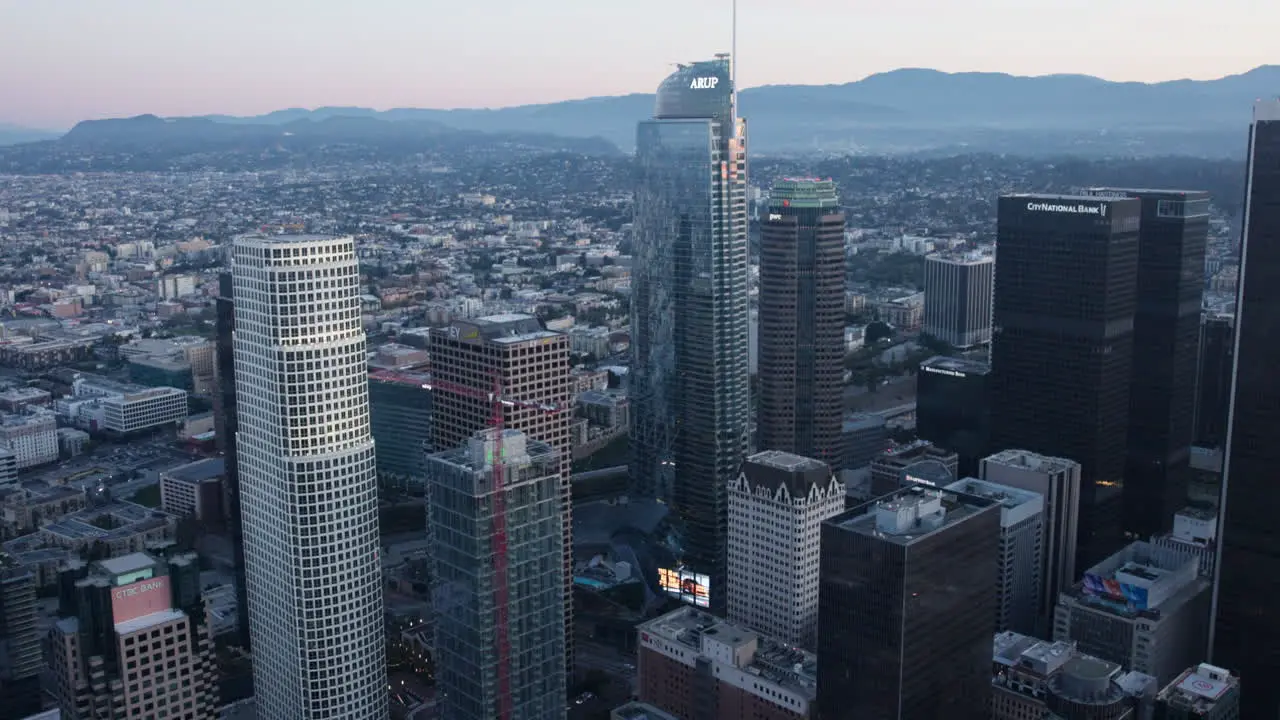 Aerial landscape view of downtown Los Angeles in the morning on a helicopter