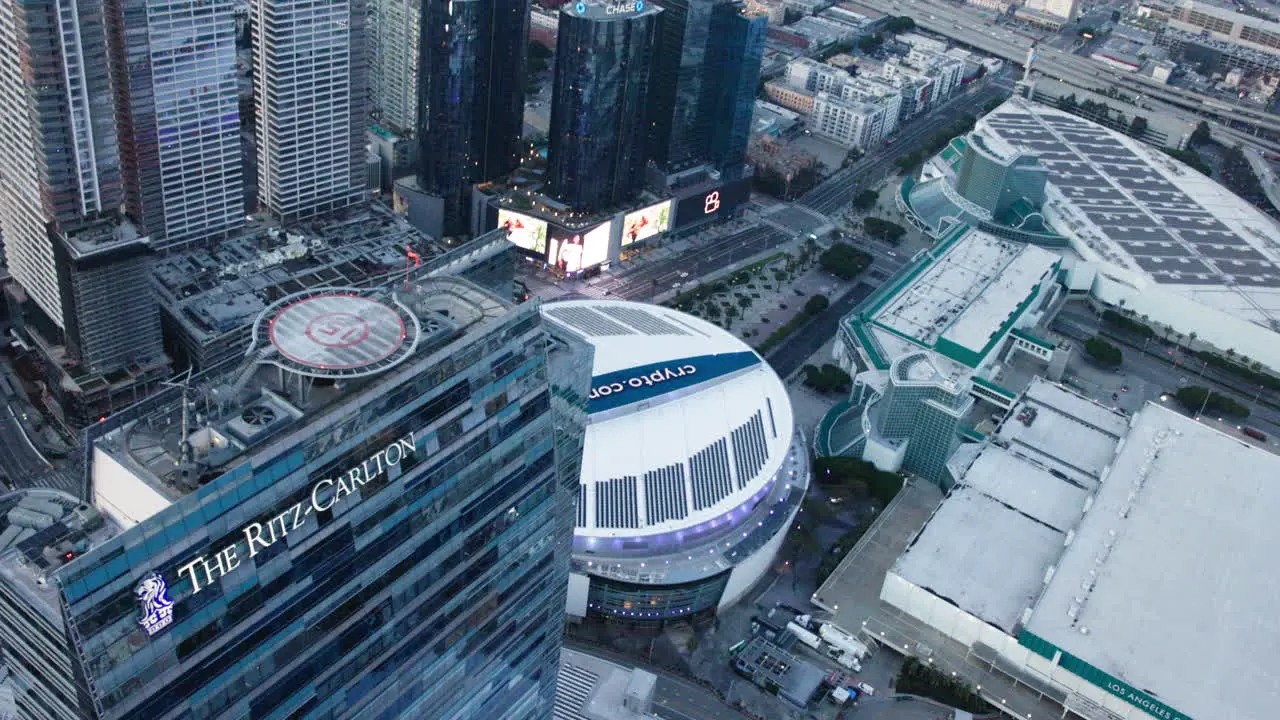 Aerial Landscape of Los Angeles city in the morning Crypto Arena and The Ritz on a helicopter