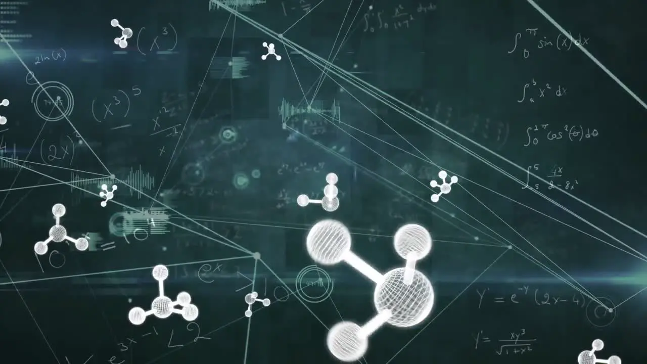 Animation of molecules and mathematical equations over connections on black background