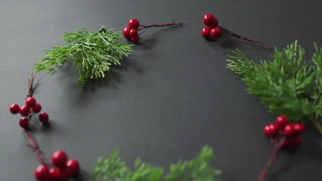 Video of christmas decoration sprigs with red berries and copy space on black background