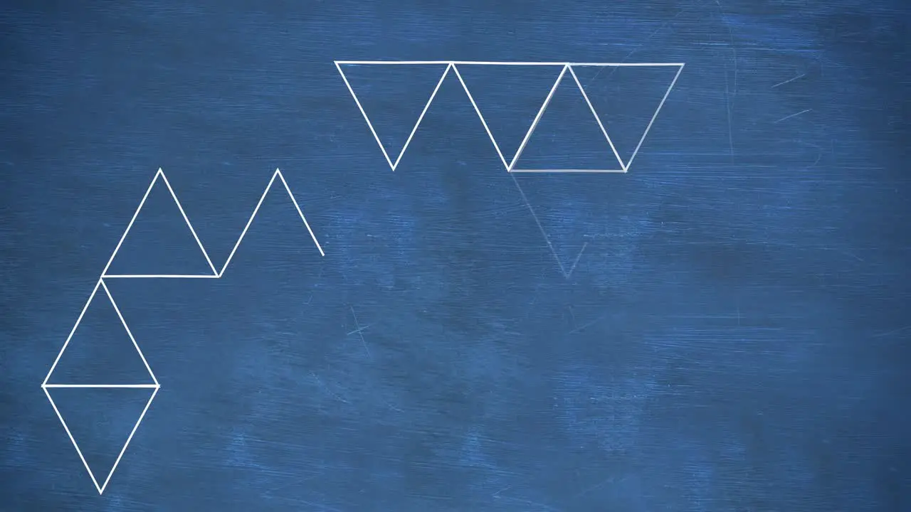 Animation of abstract traingular shapes against copy space on blue chalkboard background