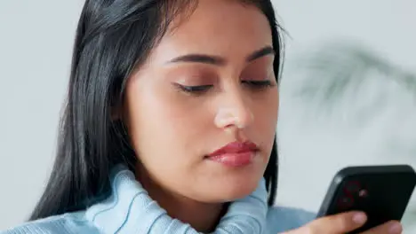 Face phone and woman on social media in her home