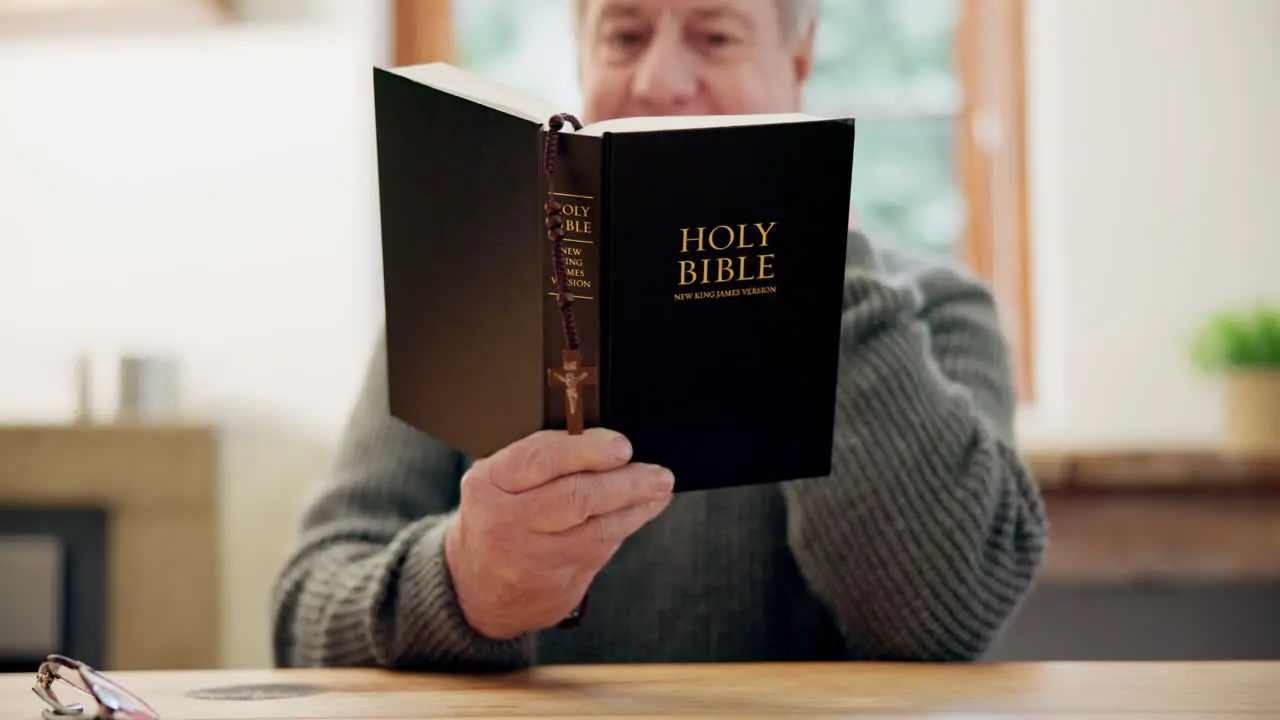 Hands man and reading bible in home for prayer