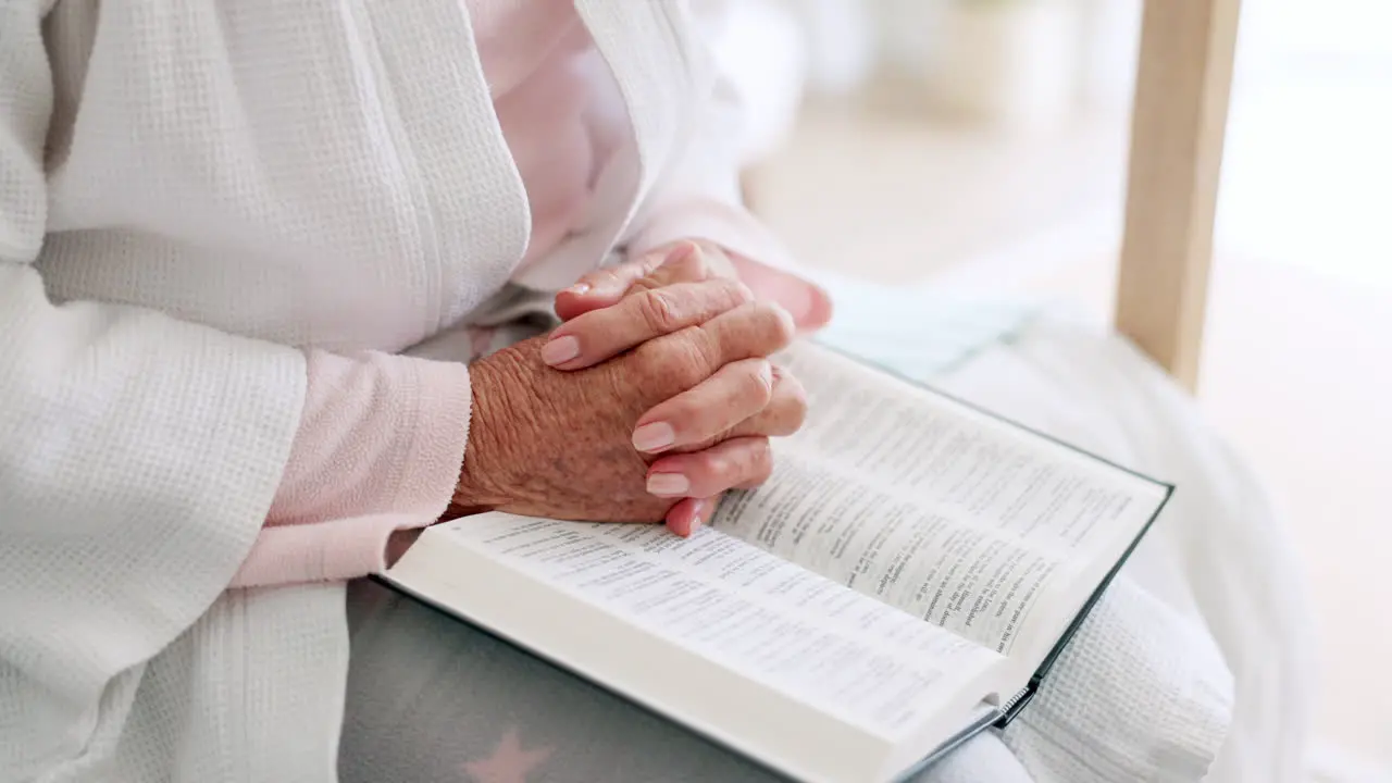 Hands senior woman or bible study for Jesus