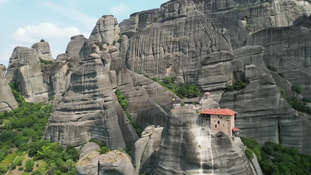 Meteora Monastery and Mountains in Thessaly Greece Mainland Aerial 4k Backwards