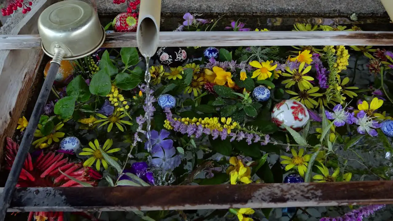 Cinematic view of typical Japanese Chozu water ladle at temple with colorful flowers