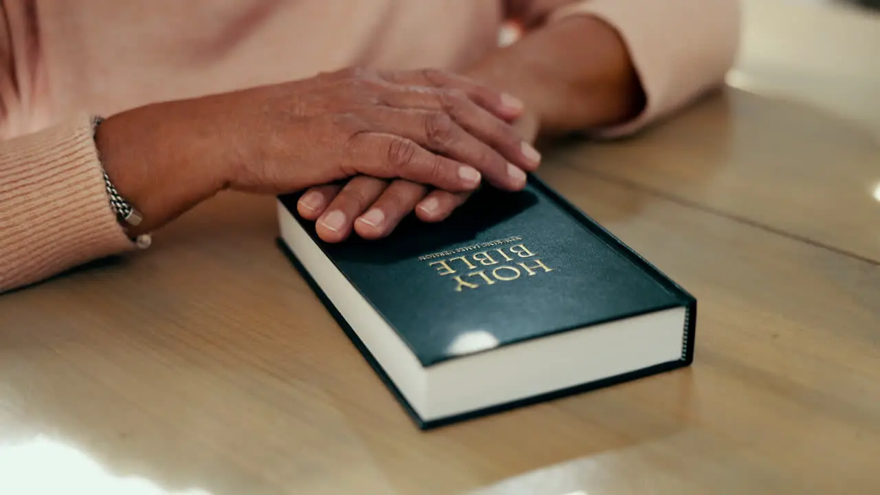 Hands Bible and person worship for religion