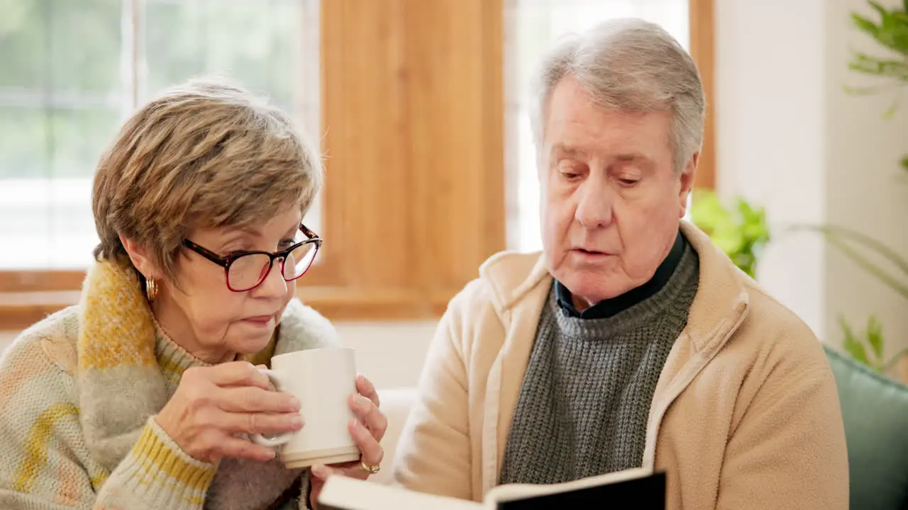 Coffee bible and senior couple in home