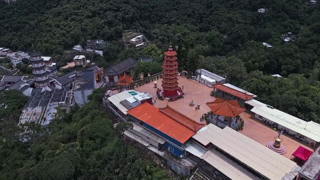 Aerial over the Buddhist temple site called the Ten Thousand Buddhas Monastery on Hong Kong China