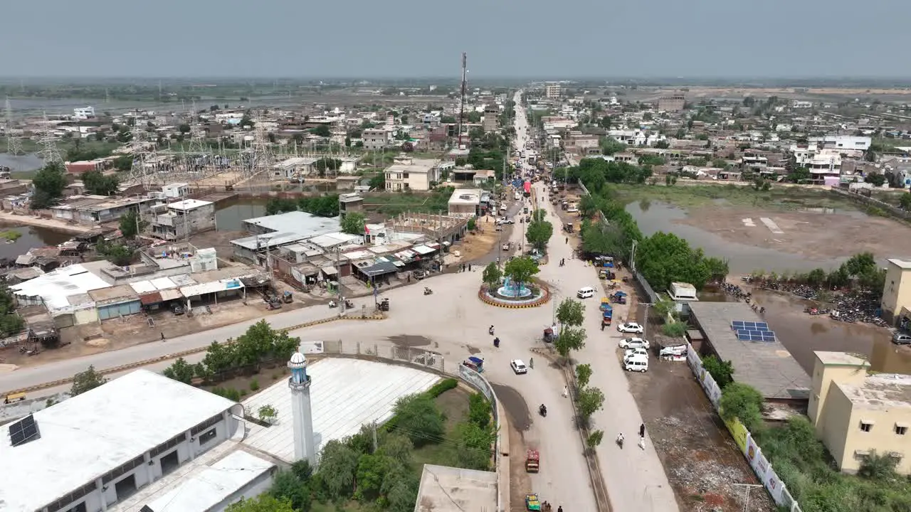 drone top view of City of Badin in Sindh Pakistan near Allaha wala chowk with clear blue sky on a sunny day