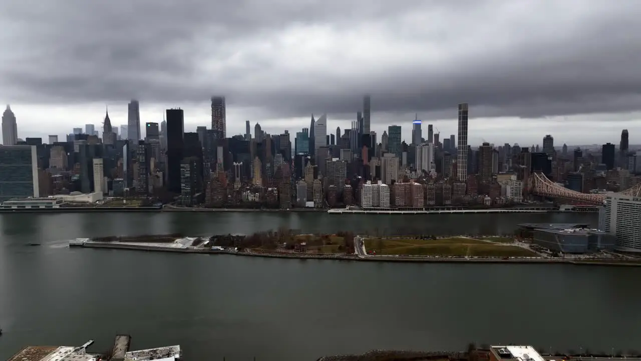 A high angle aerial view from over Long Island City Queens on a cloudy morning