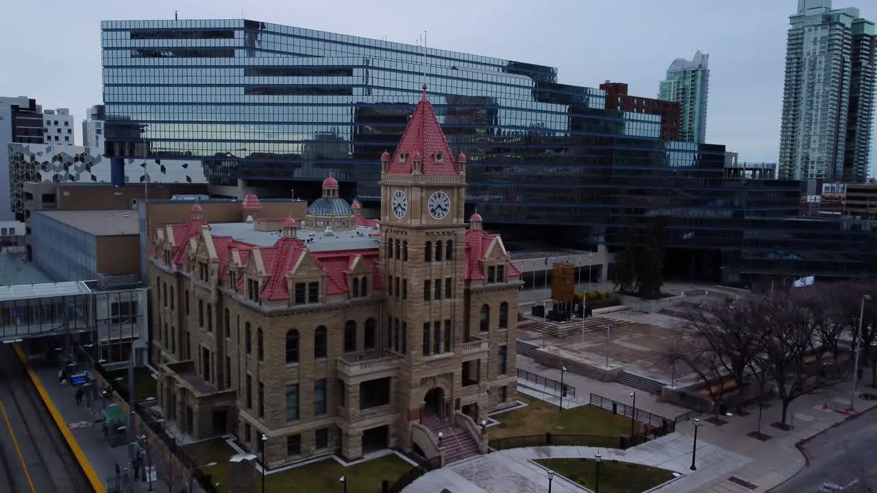 Aerial shot moving up of Calgary City Hall